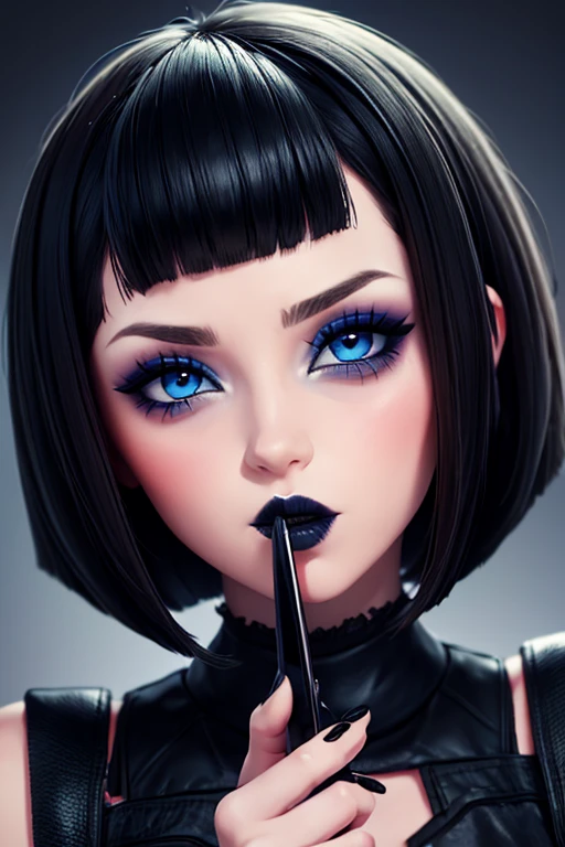 Bad ass, cute face and perverted look wiewer ,bobcut hair, makeup gothic blue eyes, black nail paint