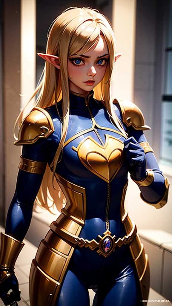 RAW, professional photograph, medium shot, photorealistic, hyper-realistic, ray tracing, super detail, UHD, 8k, female elf, twenty years old, goddess, athletic body, soft facial features, blonde hair, long hair, straight hair, blue eyes, golden armor, long sword in hands, battleland