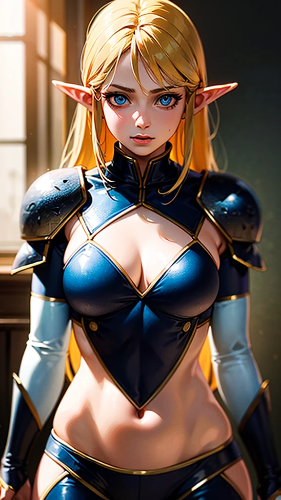 RAW, professional photograph, medium shot, photorealistic, hyper-realistic, ray tracing, super detail, UHD, 8k, female elf, twenty years old, goddess, athletic body, soft facial features, blonde hair, long hair, straight hair, blue eyes, golden armor, long sword in hands, battleland