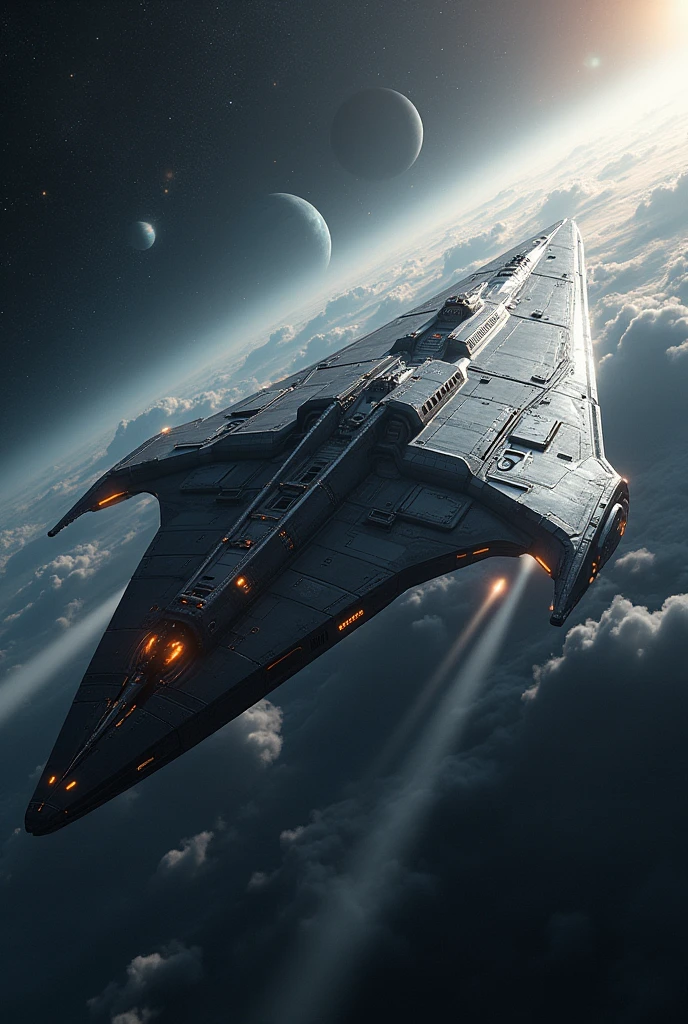 A large spaceship flying through outer space with clouds and planets