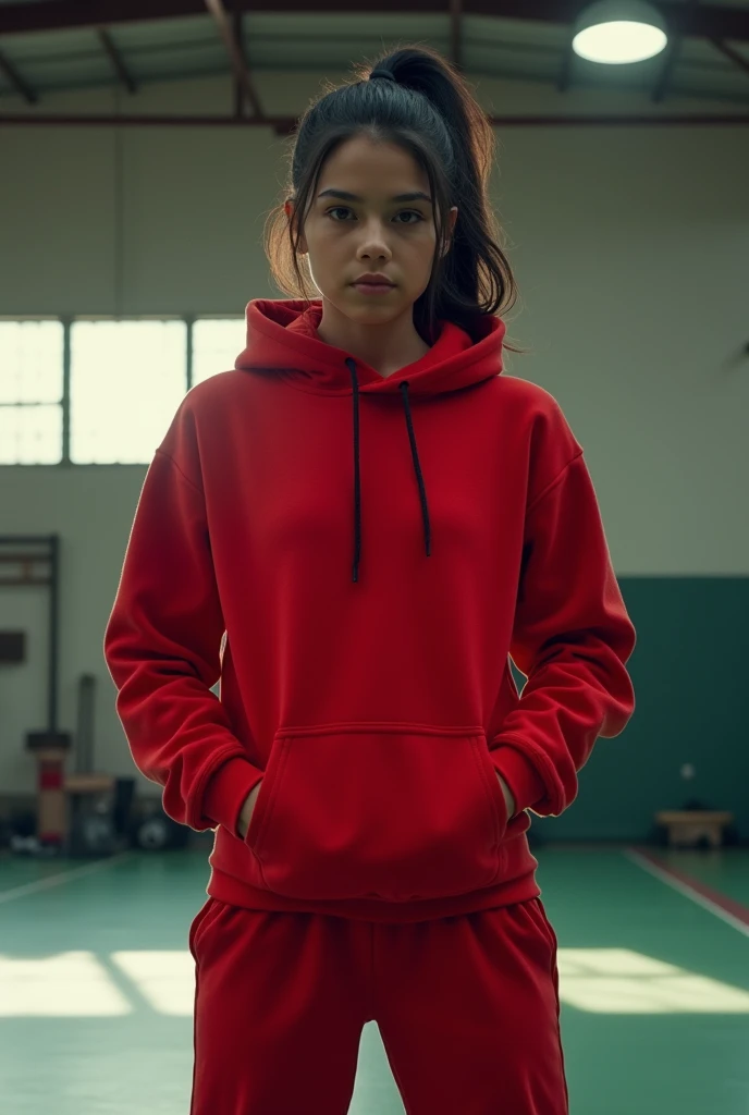 cinematic scene of a black haired latina girl with a ponytail ,dressed in a red hooded sweatshirt and red joggers, stand in a dynamic pose, in a gym 4k full hd