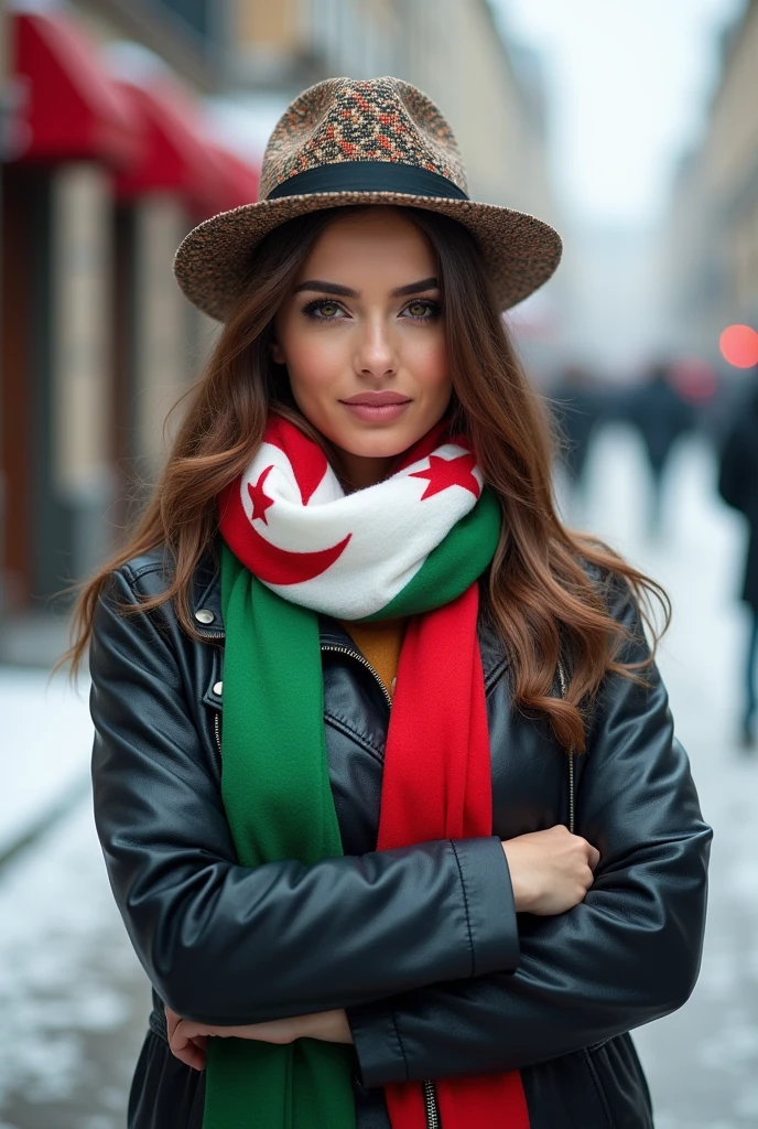 Beautiful woman taking a professional photo in casual wear with a colorful scarf in the colors of the Algerian flag white, green and red and a patterned hat, (Cold winter street atmosphere: 1.3)، (Take professional photos)، (high budget picture)، (Highly detailed skin)، (Flawless skin) )، (Crossbar position)، (Professional makeup)، (Natural light)، (High quality photography)، (Complex details)، (8k)، (HDR)، (sharp focus)، (Medium view)  