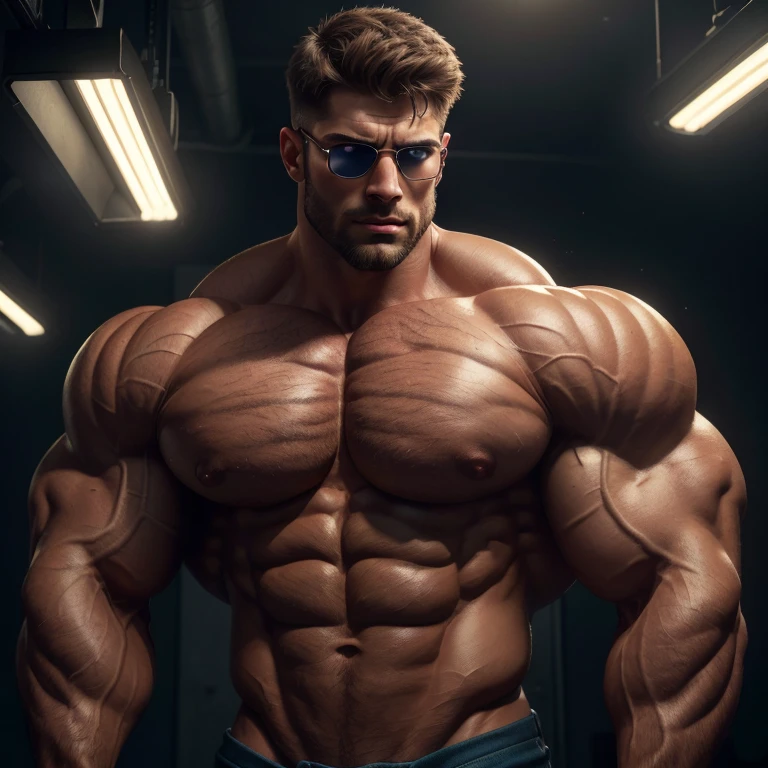 a very handsome young man, sunglasses, shirtless, exaggeratedly muscular, exaggeratedly huge muscles, on a white background, (best quality,4k,8k,highres,masterpiece:1.2),ultra-detailed,(realistic,photorealistic,photo-realistic:1.37),HDR,UHD,studio lighting,ultra-fine painting,sharp focus,physically-based rendering,extreme detail description,professional,vivid colors,bokeh,highly detailed facial features,beautiful detailed eyes,beautiful detailed lips,extremely detailed eyes and face,long eyelashes,dramatic lighting,chiaroscuro,cinematic lighting,masculine,heroic,powerful,,intimidating,muscular,shredded,ripped,chiseled,defined,veiny,vascular