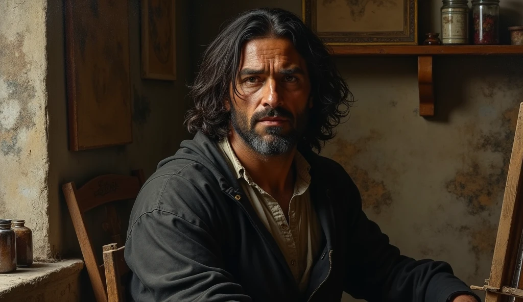 Caravaggio long hair, about 50 years old, in an art studio, Renaissance period