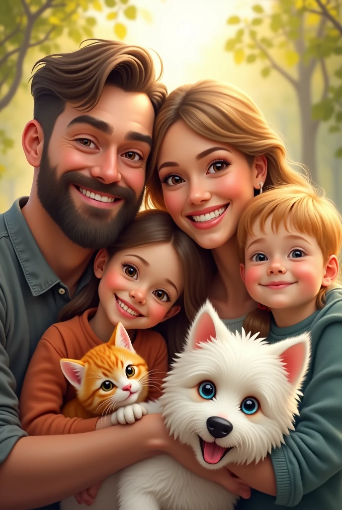 happy family: Mom 40 years old blonde with brown eyes, dad 40 years old short brown hair, Brown eyes,   daughter long brown hair, Brown eyes,   blond blue eyed son with 1 orange tabby kitten and a white westie dog