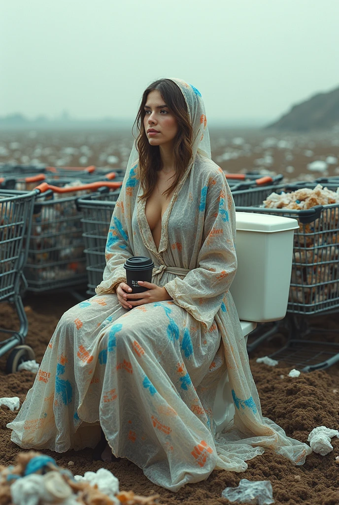 Concept: A woman dressed in a robe made entirely of plastic bags, sitting on a toilet in the middle of a landfill. She’s surrounded by empty shopping carts, each filled with more plastic waste. In her hands, she holds a disposable coffee cup, her face serene as if in meditation.