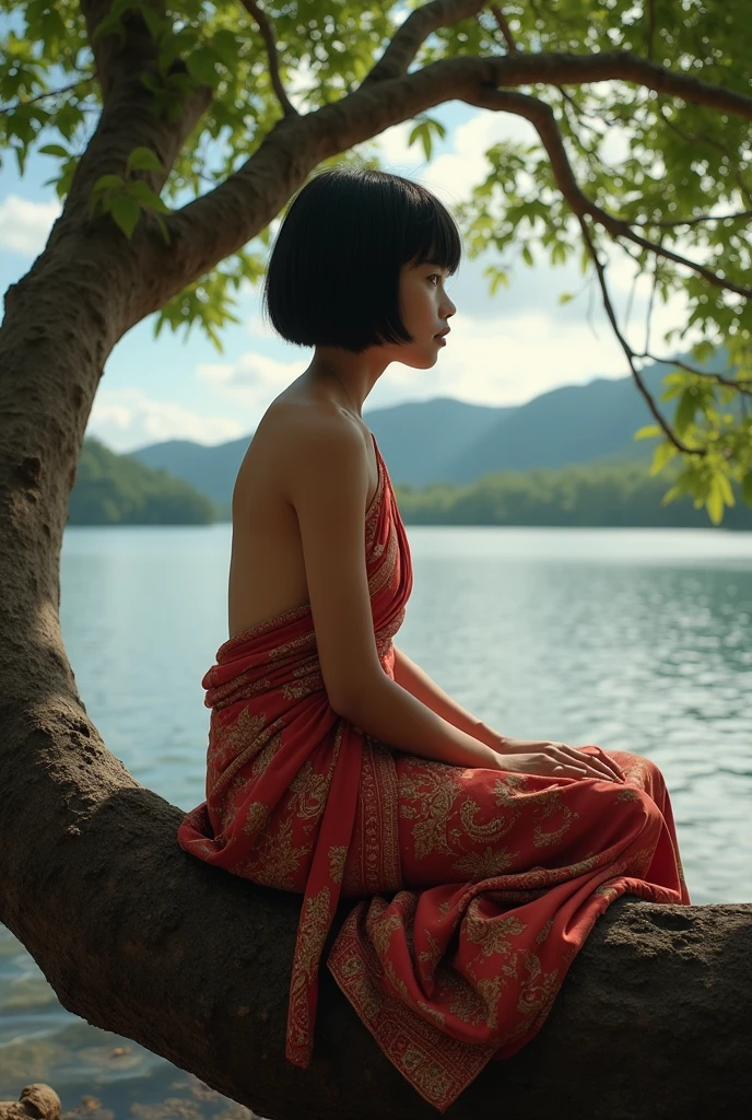 8K photorealistic images, A young girl,short hair,Height 165 cm,Has a typical Indonesian bronze skin,Wearing red kebaya cloth and worn batik cloth,Sitting under a banyan tree, straddling its branches。. 她No pants,So hers is obvious.. She lies by the lake,Wear only one top,No pants,Can see trees and hills