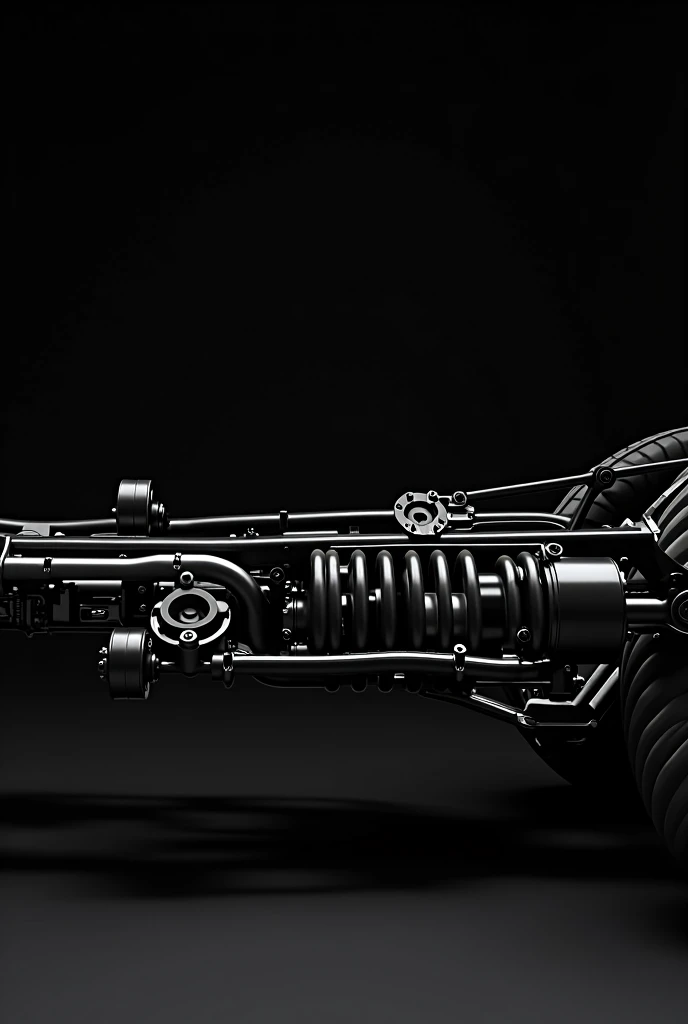Generates a horizontal image of 1,080 x 1,920 px. Where you can see the suspension parts of a truck, focusing on the shock absorber. Let the image be black and white with a sophisticated approach