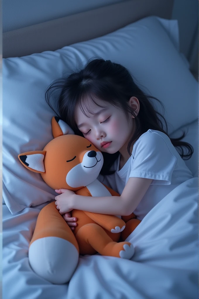 Girl sleeping in a white bed with a white croc top, hugging a fox plushie on midnight