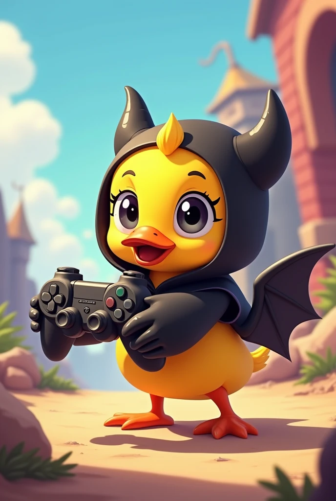  A cute yellow cartoon duck wearing a black demon outfit with a video game controller in his hand along with a Brawl Star character