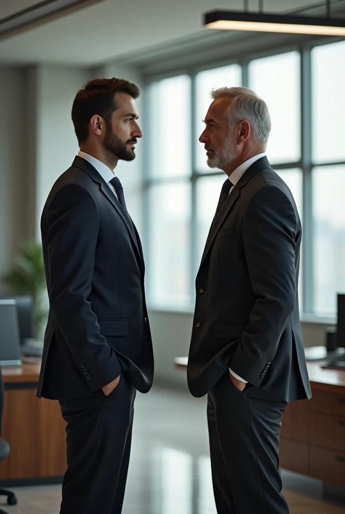 fully stand two men office discussus & talk with each other face is full clear seen