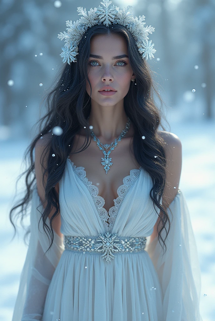 The goddess Khione, Greek goddess of snow, dark haired