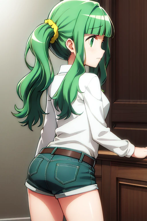 best quality, masterpiece, highres, solo, {futaba_sana_puellamagimadokamagicasidestorymagiarecord:1.15}, bangs, sidelocks, blunt_bangs, twintails, green_hair, wavy_hair, medium_hair, green_eyes, hair_ornament, blush, dot_nose, closed_mouth, aqua_hair, scrunchie, yellow_scrunchie, hair_scrunchie, 1girl, white shirt, belt, denim_shorts, shorts_rolled, from behind