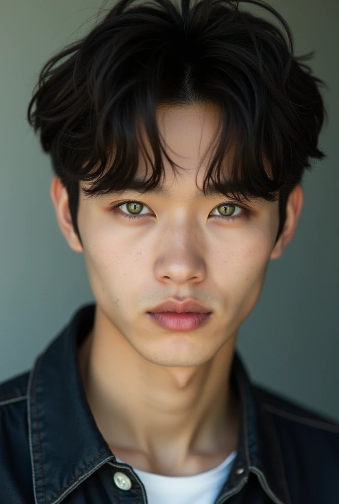 A 1 man with dark brown hair and green eyes with a hint of brown resembling South Korean actor Kim Minkyu