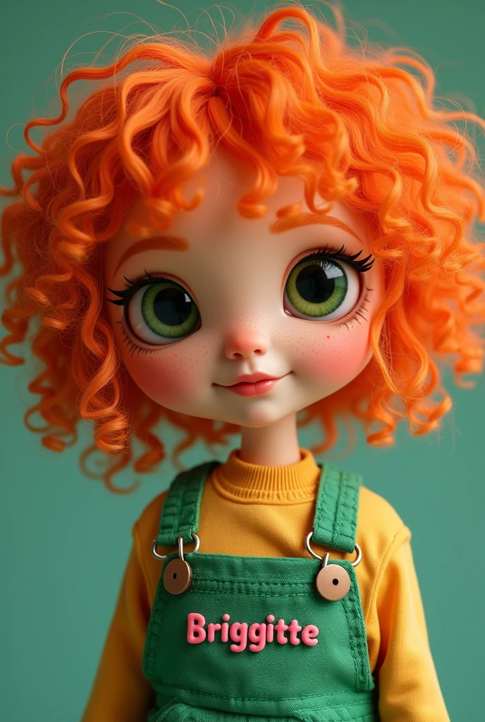 Briggitte Bozo blythe doll , orange curly hair , green eyes , green overalls that say Briggitte