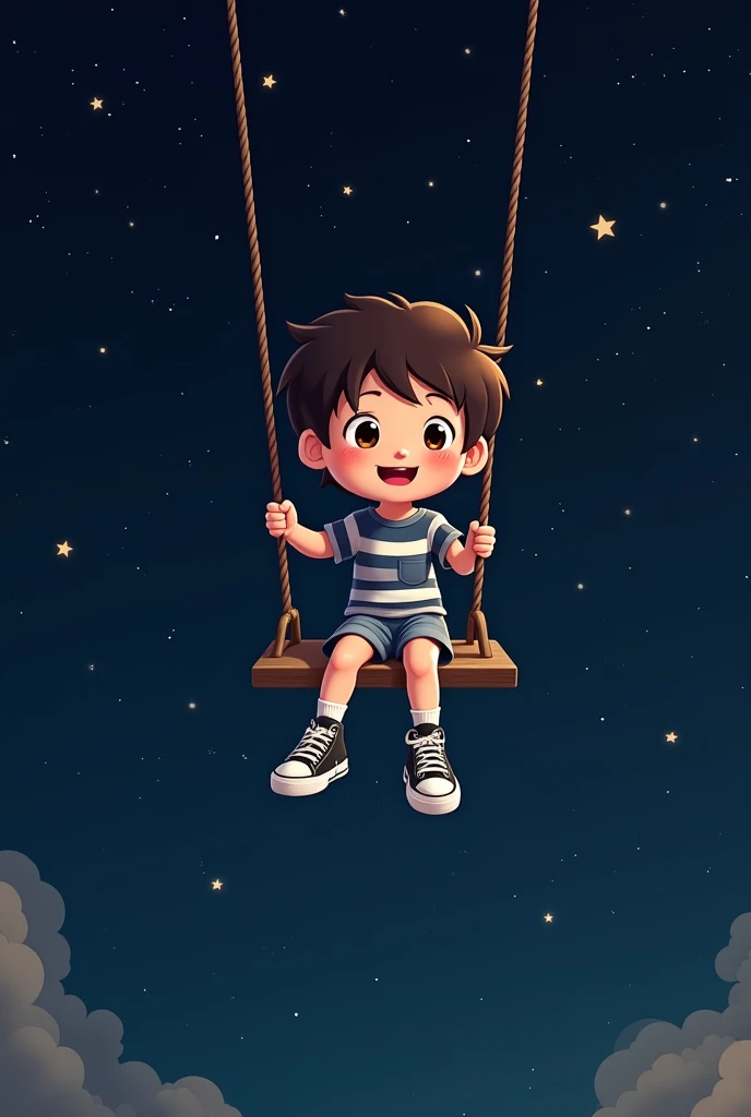  cartoon character sitting on a swing in space, short black hair, dark brown eyes, light skin, wearing a navy blue and white striped shirt, denim shorts, white socks, all star black, cheerful and innocent look 