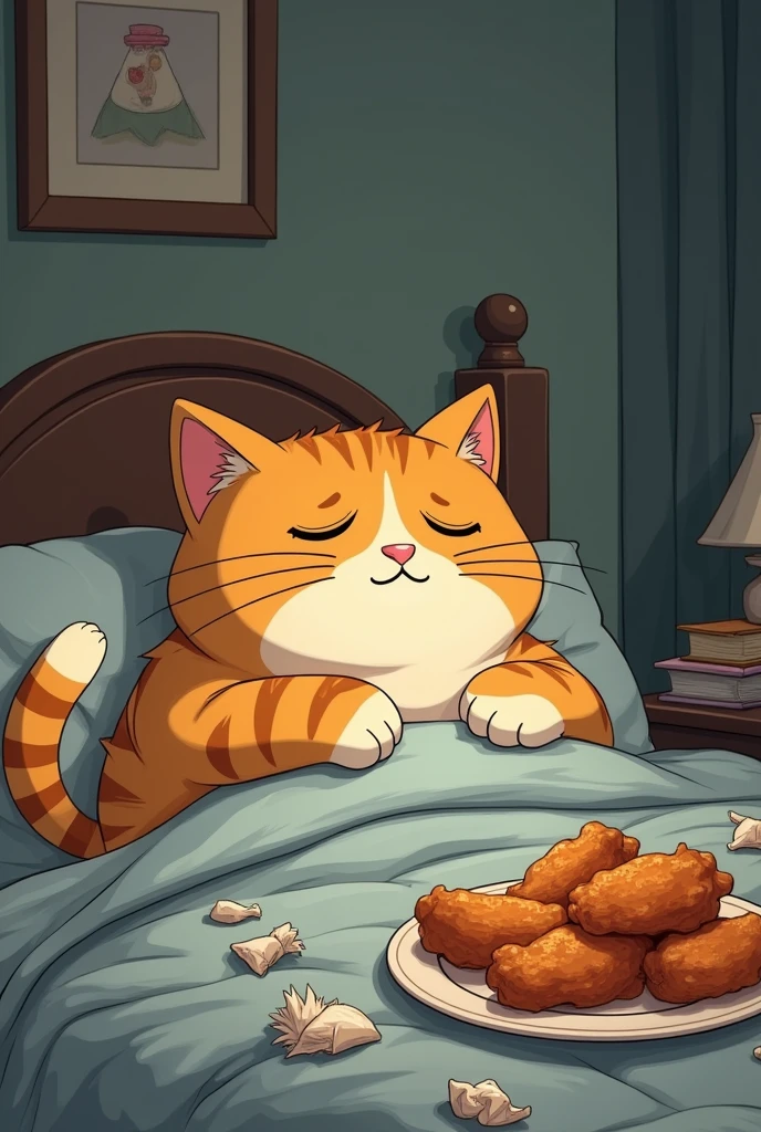  A sad fat cat eating wings in his bed that looks nostalgic But the cat looks like a cartoon character who lives a life as a college student and who stopped talking to his best friend because of his boyfriend