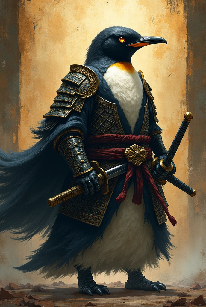 Medieval Japanese Penguin Warrior, HD best quality, bright, , 2d, Department,  ancient, Art on cracked paper, Detailed illustration , cinematographic, hyper high definition, Details, Hermosos Details, mystic, luminism, vibrant colors,