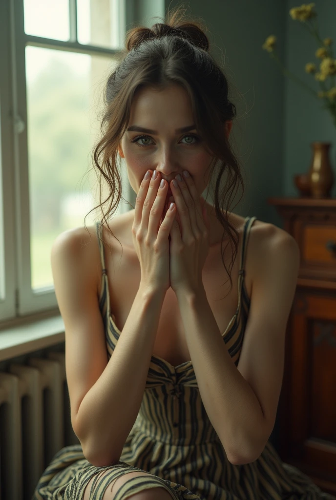 (best qualityer, ultra detaild, golden ratio, work of art:1.2), Theatrical lighting:0.7, Foto de uma mulher, dressed in a very elegant and beautiful dress, Perfect rare face, (highly detailed skin), randomly dyed hair, Cover your mouth with your hands、Ridiculous, texture skin, pale skin, shining skin, (fine tune, Big size:1.2), [:(Sharp focus on rare face, perfects eyes:1.2):0.2], photorrealistic, film grain, Put one foot forward、from below looking up、look to the camera、Emphasize the shoulders, facefocus、Stockings、cups、Smile with the corners of your mouth raised、disdainful expression, summer fog, subdued colors, soft warm colors, Cinematic portrait photo of a woman dressed in a striped dress sitting near the window in the early morning, cinematic, (leaned:1.3) (on an old train) appear cautious, standing under a spotlight, volumetric dust clouds, main light, contra-luz, soft natural lighting, photography Film grain ISO 400 lens 30 mm RAW f1.8 opening, highy detailed (Analog photography:1), cores hdr nude