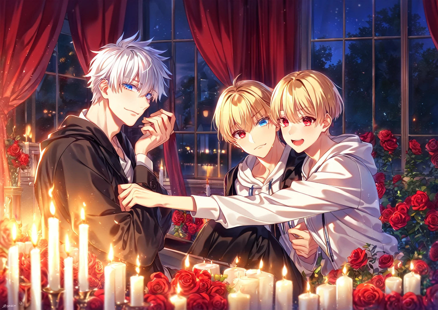 absurdres, highres, ultra detailed, HDR, master piece, best quality, perfect face, detailed eyes, detailed face, Gilgamesh, blonde hair, expressive red eyes, Fate Stay Night, Gojou Satoru cute, white hair, expressive blue eyes, white eyelashes, a handsome adult man sitting with a young boy, yaoi, gay couple, black coat, white hoodie, room, window, red curtains, red roses, candles, night, garden