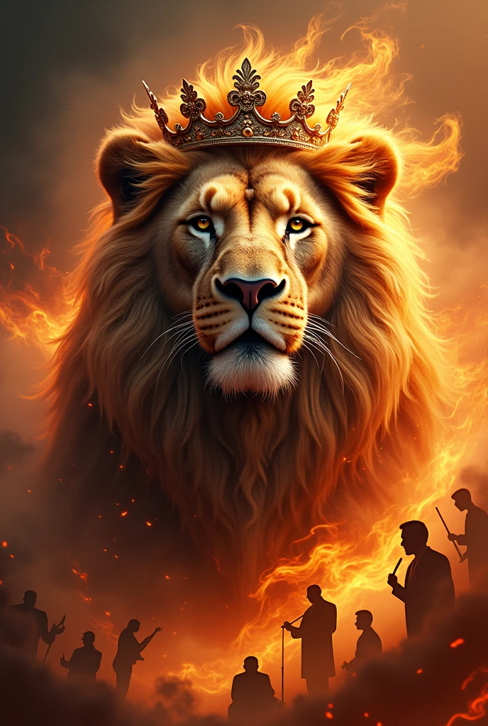 A lion's face with a crown , flames and notable musical figures in the background