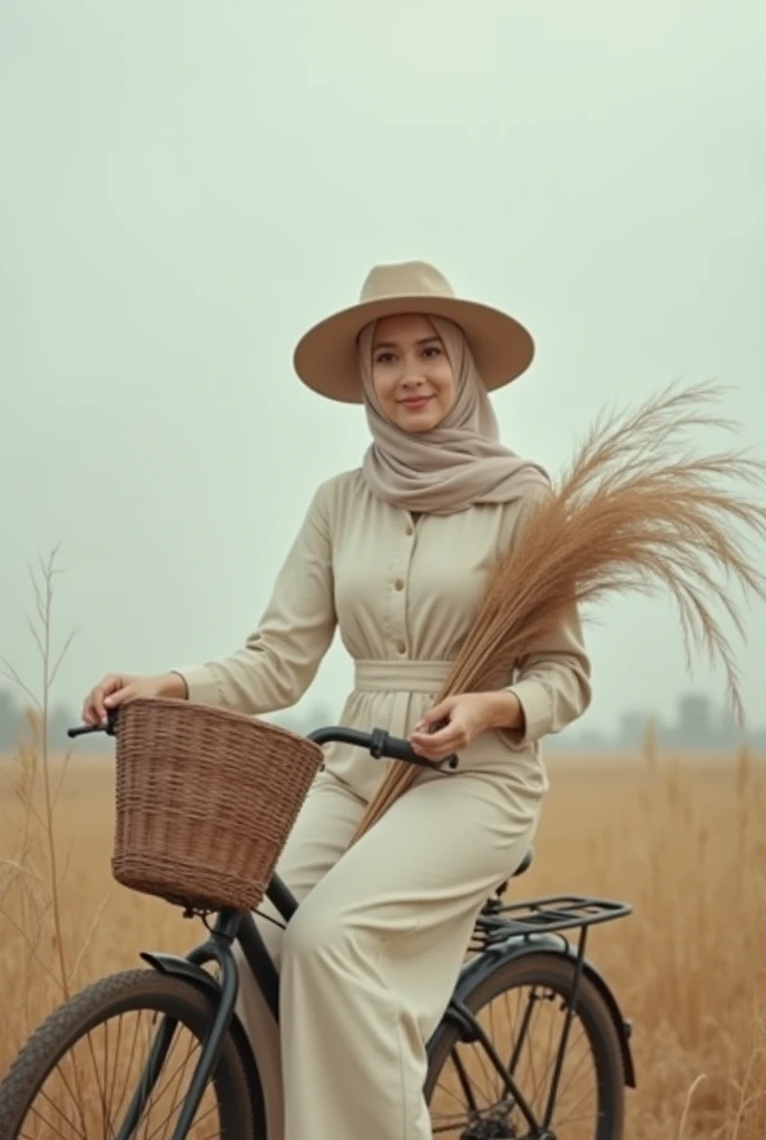 A woman with long hijab flowing sitting on the bicycle in a field with dry grass, wearing a flowing cream overall jeans and wearing a large hat and holding a bunch of dry plants. The person's face is smiling looking at the camera. The sky is overcast, and the overall color palette of this image tends towards soft earth tones.