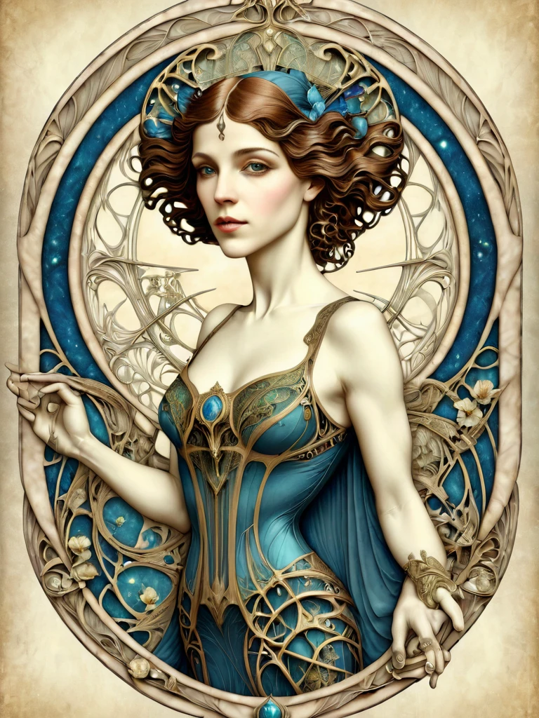 masterpiece digital art portrait of a beautiful  annafriel woman, art nouveau, t4r0tnouveau style 