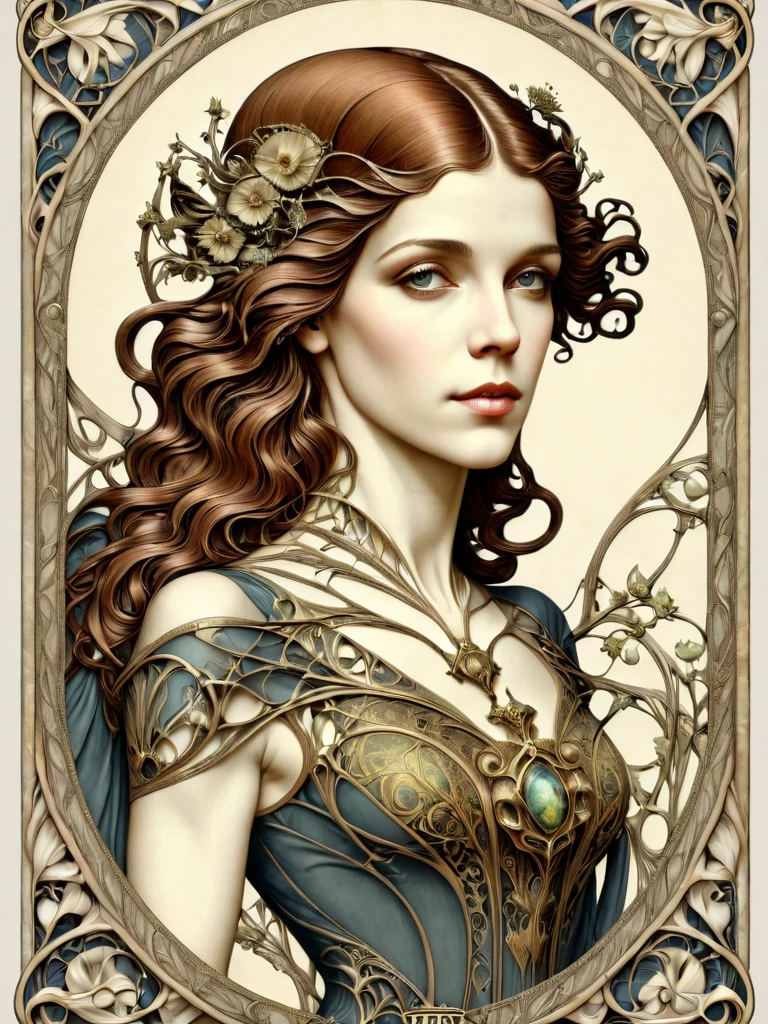 masterpiece digital art portrait of a beautiful  annafriel woman, art nouveau, t4r0tnouveau style 
