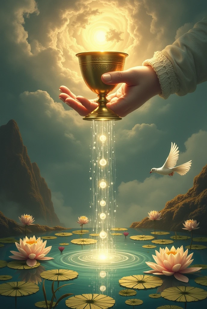 In the context of a barbaric Sumeria, a land of sorcery and formidable warriors, he creates an image depicting a hand emerging from a cloud, holding a golden cup. The hand seems to offer the cup, symbol of a divine gift or a new opportunity: five streams of water flow from the cup, falling into a pond filled with water lilies. These streams represent abundance and the influence of the spirit on the five senses: A small white dove descends towards the cup, carrying a small disc in its beak. This disk symbolizes the incarnation of the spirit in the material world. Background: The pond is filled with blooming water lilies, symbolizing spiritual awakening and purity of emotions. The image represents the Ace of Cups of the traditional tarot, but in the context of a land of Sumerian barbarians. It is important that it is hyper-realistic and corresponds to the aesthetics of the Sumerian barbarians.