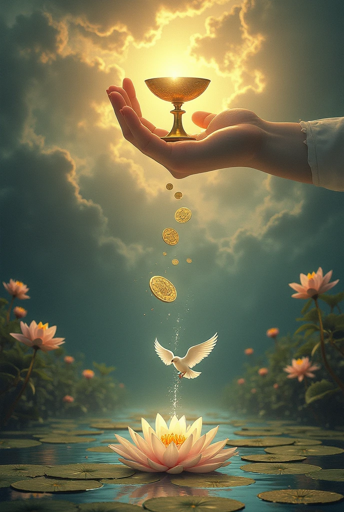 In the context of a barbaric Sumeria, a land of sorcery and formidable warriors, he creates an image depicting a hand emerging from a cloud, holding a golden cup. The hand seems to offer the cup, symbol of a divine gift or a new opportunity: five streams of water flow from the cup, falling into a pond filled with water lilies. These streams represent abundance and the influence of the spirit on the five senses: A small white dove descends towards the cup, carrying a small disc in its beak. This disk symbolizes the incarnation of the spirit in the material world. Background: The pond is filled with blooming water lilies, symbolizing spiritual awakening and purity of emotions. The image represents the Ace of Cups of the traditional tarot, but in the context of a land of Sumerian barbarians. It is important that it is hyper-realistic and corresponds to the aesthetics of the Sumerian barbarians.