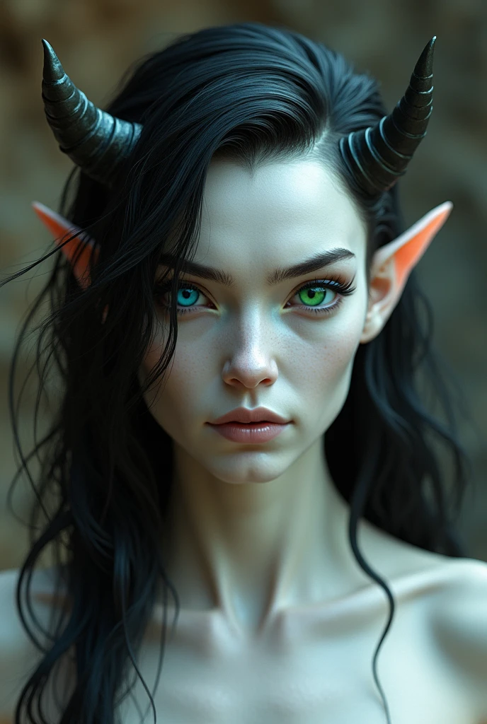 Tall man of a.Very beautiful appearance of noses outlined, one blue eye and the other green, like humans , semi white skin
,wide arms, flat stomach, good body, angel wings or prominent lips, front view, horns on the sides, semi-long black hair to the shoulders, simulation. In the times before Christ, a demon resembling a human but perfect
