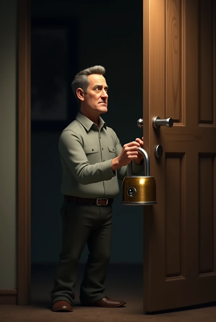 A man putting a padlock on a door animated