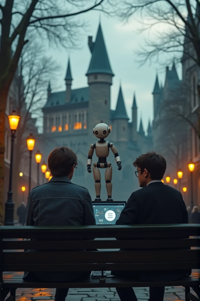Harry Potter with his friends and robot in front of Hogwarts sitting in a bench learning coding in laptop in hand of Harry