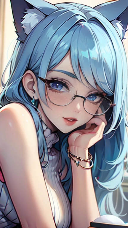 Masterpiece, beautiful art, professional artist, 8k, art style by sciamano240, very detailed face, very detailed hair, 1girl, perfectly drawn body, beautiful face, long hair, light blue hair , very detailed blue vertical cat eyes, pouty lips , rosey cheeks, intricate details in eyes, close up on face, looking straight at viewer, wearing a cozy blue sweater, in love with viewer expression , cheerful smile, milf, square glasses, light make up , wedding ring , lipstick,