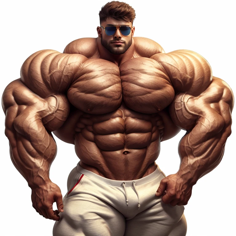 brutalmass, a very handsome young man, extremely hot, extremely attractive, extremely sexy, sunglasses, shirtless, exaggeratedly muscular, exaggeratedly huge muscles, on a white background