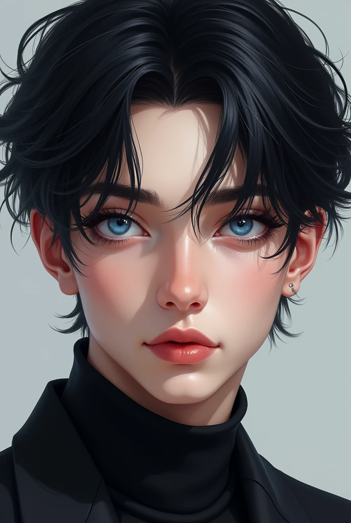 handsome boy, striking and sweet blue eyes, red and slightly voluminous lips, skin as white as snow and hair as black as ebony.