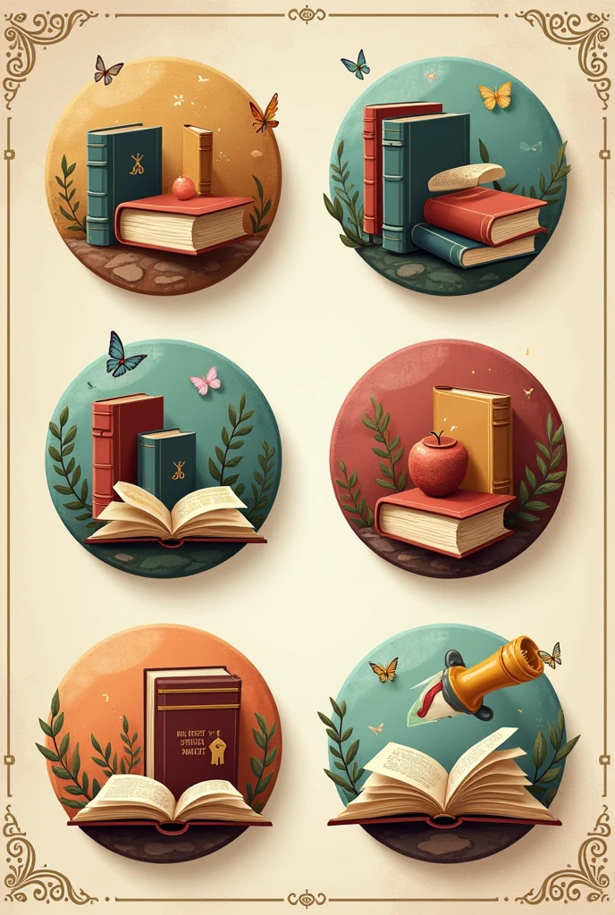 Create 6 buttons alluding to book week, I want the 6 to be seen complete and second those texts that are, I want everyone to have the title of "Book Week" in Spanish and that the books have a vintage aura, Fictional and creative with many details 