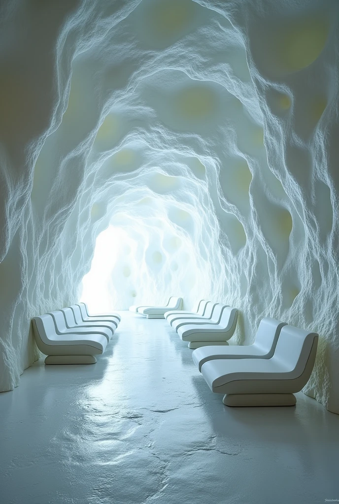 A room in a cave whose walls are covered with salt. The style is futuristic natural art. There are futuristic chairs along the walls. 