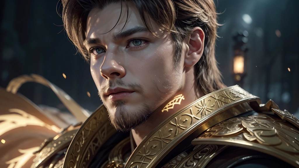 extra-clear cinematic art in complex mixed media with elements of glowing fiery runic linework, close-up, sharp focus, a charming Male Lion with gold patterns, snowflakes everywhere, a magical haze is spreading around. Ultra-high quality. Concept art, cinematic dramatic atmosphere, stunning matte painting
