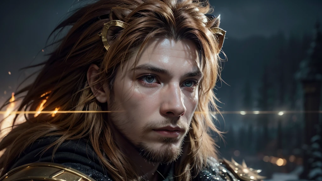 extra-clear cinematic art in complex mixed media with elements of glowing fiery runic linework, close-up, sharp focus, a charming Male Lion with gold patterns, snowflakes everywhere, a magical haze is spreading around. Ultra-high quality. Concept art, cinematic dramatic atmosphere, stunning matte painting