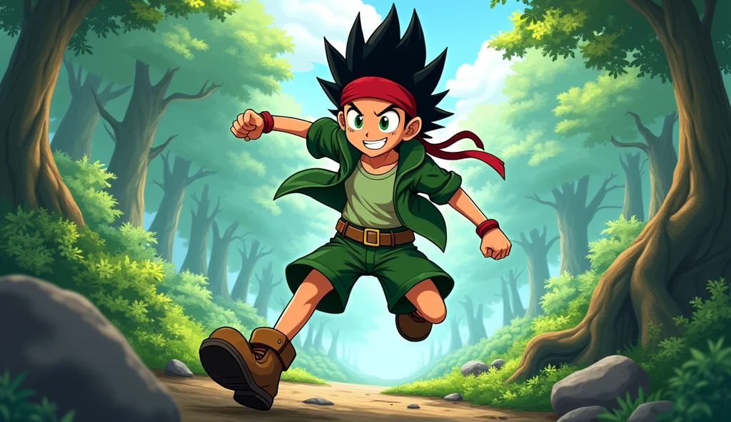 Character Prompt: Gon Freecss

Age: 12-.
Height: Approximately 150 cm (4'11").
Build: Slim and athletic with a lean, toned physique typical of a young adventurer.
Face:

Shape: Oval with slightly rounded cheeks.
Eyes: Large, expressive green eyes that convey determination and curiosity.
Nose: Small and slightly upturned.
Mouth: Small with a confident or slightly mischievous grin.
Hair: Short, spiky black hair, naturally standing up in a wild manner.
Clothing:

Top: Short-sleeved green jacket with a high collar, slightly loose for mobility, over a light green or white T-shirt.
Bottoms: Green shorts ending just above the knee, secured with a belt.
Footwear: Brown hiking boots with sturdy soles.
Accessories:

Headband: Red, worn across the forehead.
Body Parts:

Arms: Lean and well-defined, showing physical activity and training.
Legs: Toned and athletic, suited for running and climbing.
Motion and Expression:

Pose: Dynamic action pose, such as running or leaping, with one fist extended or arms positioned for balance.
Expression: Determined yet friendly, reflecting his optimistic attitude and determination.
Background Elements:

Setting: A lush forest with dense trees and undergrowth, indicating an adventurous and natural environment. Include a few rocks and possibly a stream or path to enhance the outdoor context.
Atmosphere: Bright and vibrant, with sunlight filtering through the canopy to create a sense of movement and energy.