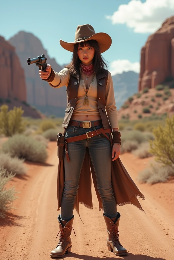 cowboy shot, cartridge belt with gun holster , Her has a handgun, Colt Peacemaker,  Full-body ,standing pose, Western style, America, Cowboy Dressed , Cowboy style Wear,  cowboy-hat, leather vests, bandanas, and cowboy boots, (Billy the Kid clothes) ,looking viewer,  ((Japanese girl )),  ,(middle hair, brown hair, fringe),(middle breasts, slender whist, middle hip, public hair), (masterpiece, highest quality, Very detailed, Ultra-high resolution, (photopractical:1.4), Original photo, (practical:0.2) ,　Colorado desert in the United States, noon