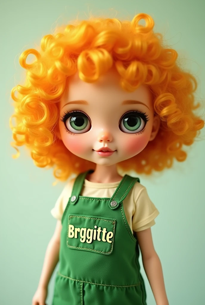 Briggitte Bozo blythe doll , orange yellow curly hair , green eyes  , green overalls that say Briggitte 