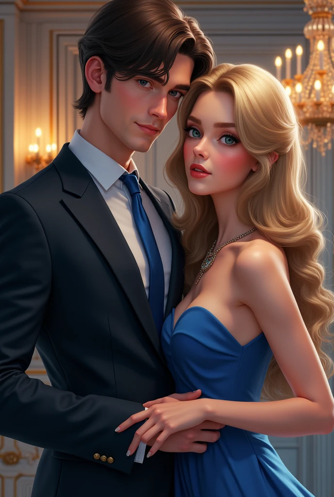 photorrealistic, generate an illustration of a beautiful couple in a mansion. The man has dark, short hair in a masculine cut, model beauty, STRIKING FEATURES, clear blue eyes and a virile body.
the woman is blonde, has very long, straight hair, green eyes shine and classic beauty denotes elegance and femininity.