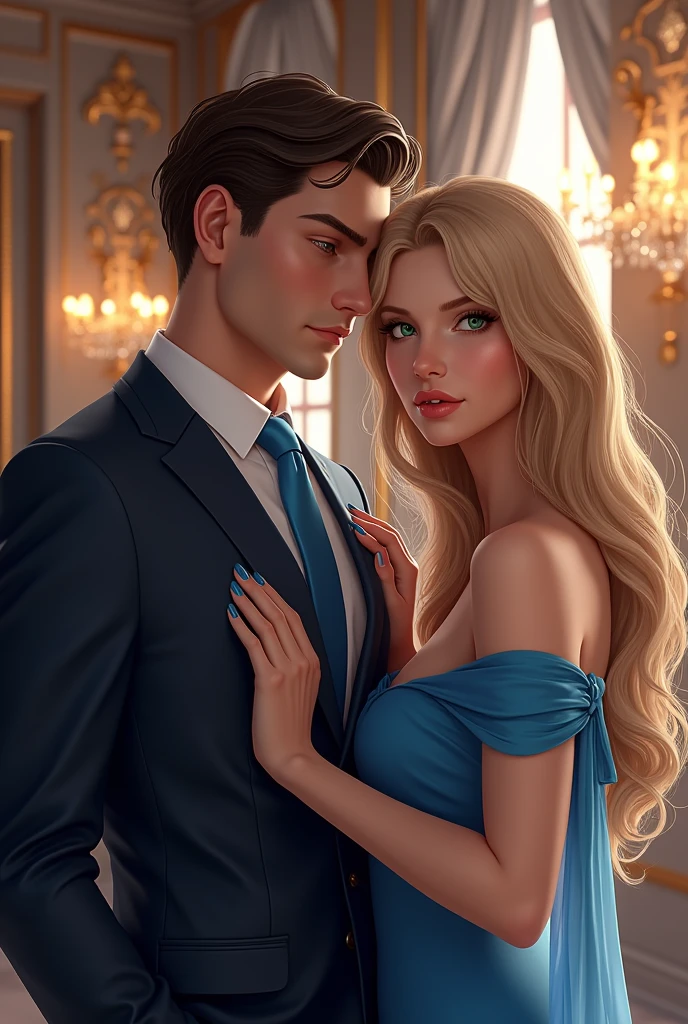 (Photorealism:1.2), man in a suit with a blue tie dark brown hair brown eyes and a woman with blonde green eyes long hair wearing a blue dress e unhas pintadas de azul at an elegant 8k ultra realistic photorealistic super detailed the best possible