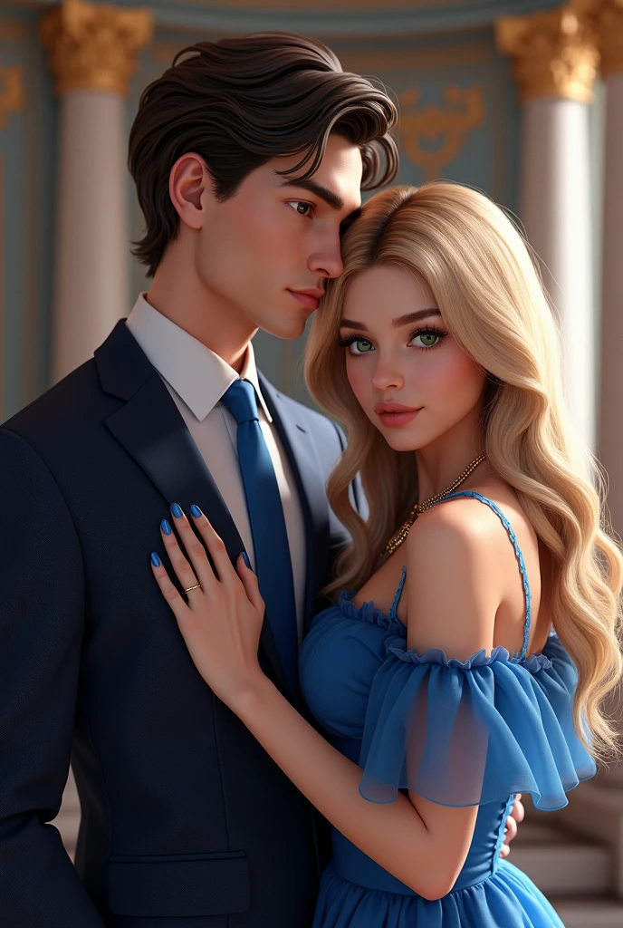 (Photorealism:1.2), man in a suit with a blue tie dark brown hair brown eyes and a woman with blonde green eyes long hair wearing a blue dress e unhas pintadas de azul at an elegant 8k ultra realistic photorealistic super detailed the best possible