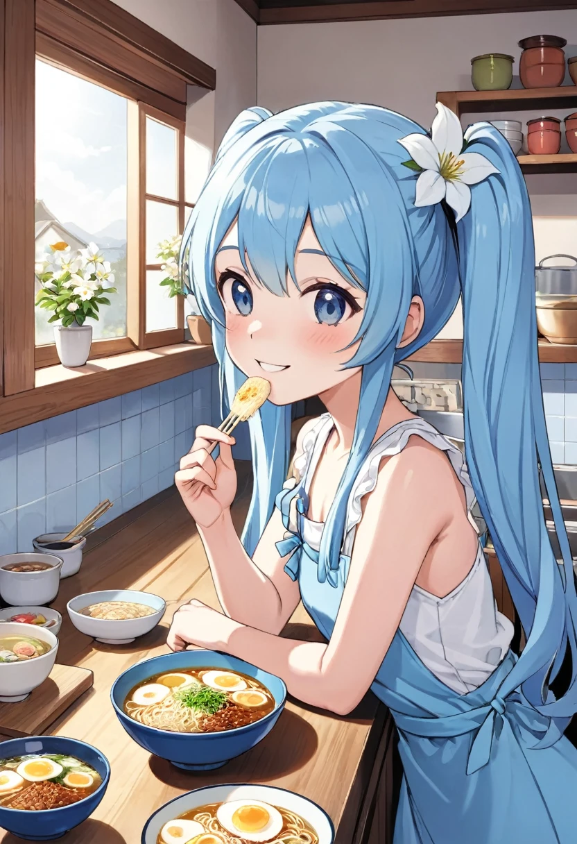 Bright, sunny kitchen、White flowers are displayed on the windowsill、Smiling and eating ramen in the kitchen。Light blue long hair、Twin tails 、Her youth and passion、The smell of food fills the store.。