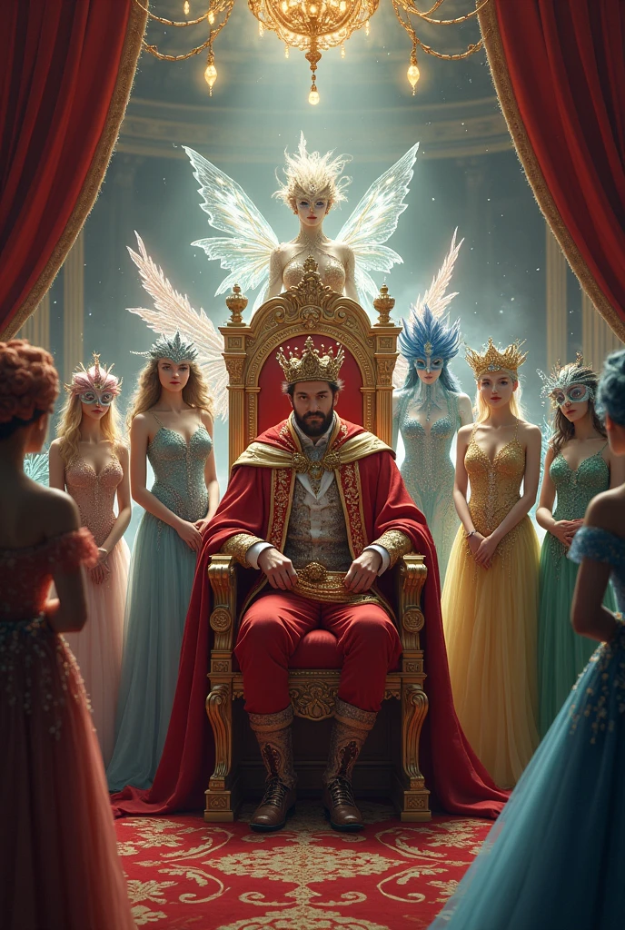 The king sitting on the throne and on either side of him the ice fairy, the fire fairy, the air fairy, the nature fairy and the water fairy., everyone wearing masks because we are at the castle&#39;s masquerade ball