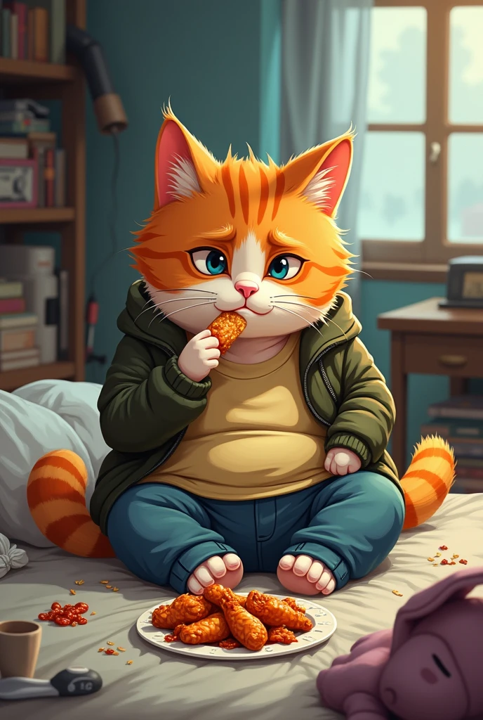 A sad fat cat eating wings in his bed that looks nostalgic But the cat looks like a cartoon character that lives a life as a college student and that stopped talking to his best friend because of his boyfriend But that he is eating them That it is a cat that acts like a human 😡