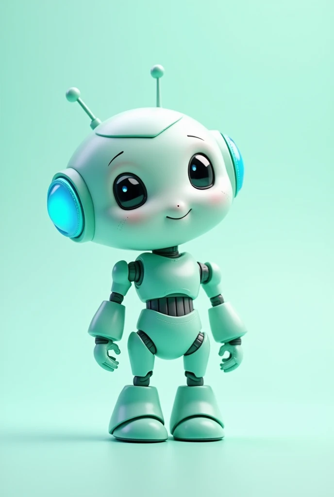 female bot; light blue and green; friendly; animated; no background; no photorealism;